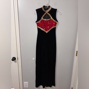 Algy black velour jazz dance jumpsuit red gold sequins vtg USA S high neck